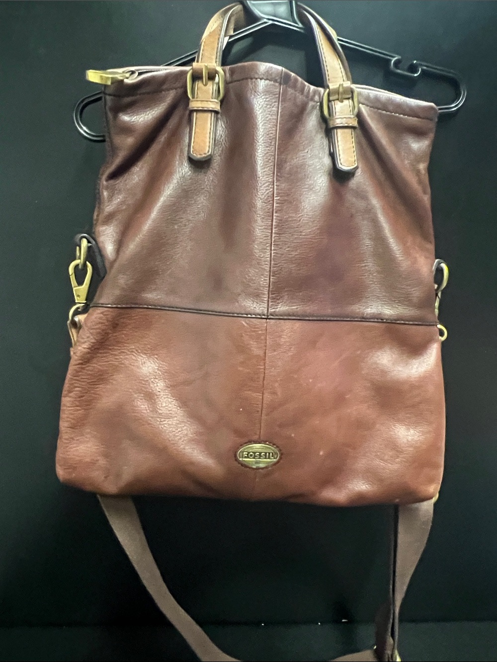Fossil Men's Dark Brown Leather Messenger Tote with Brass Hardware